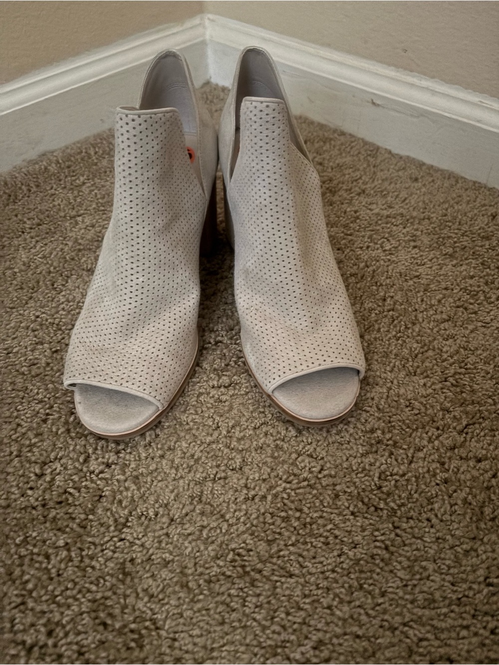 NWT Cole Haan Women’s Peep-Toe Perforated Suede Ankle Booties — Light Beige
